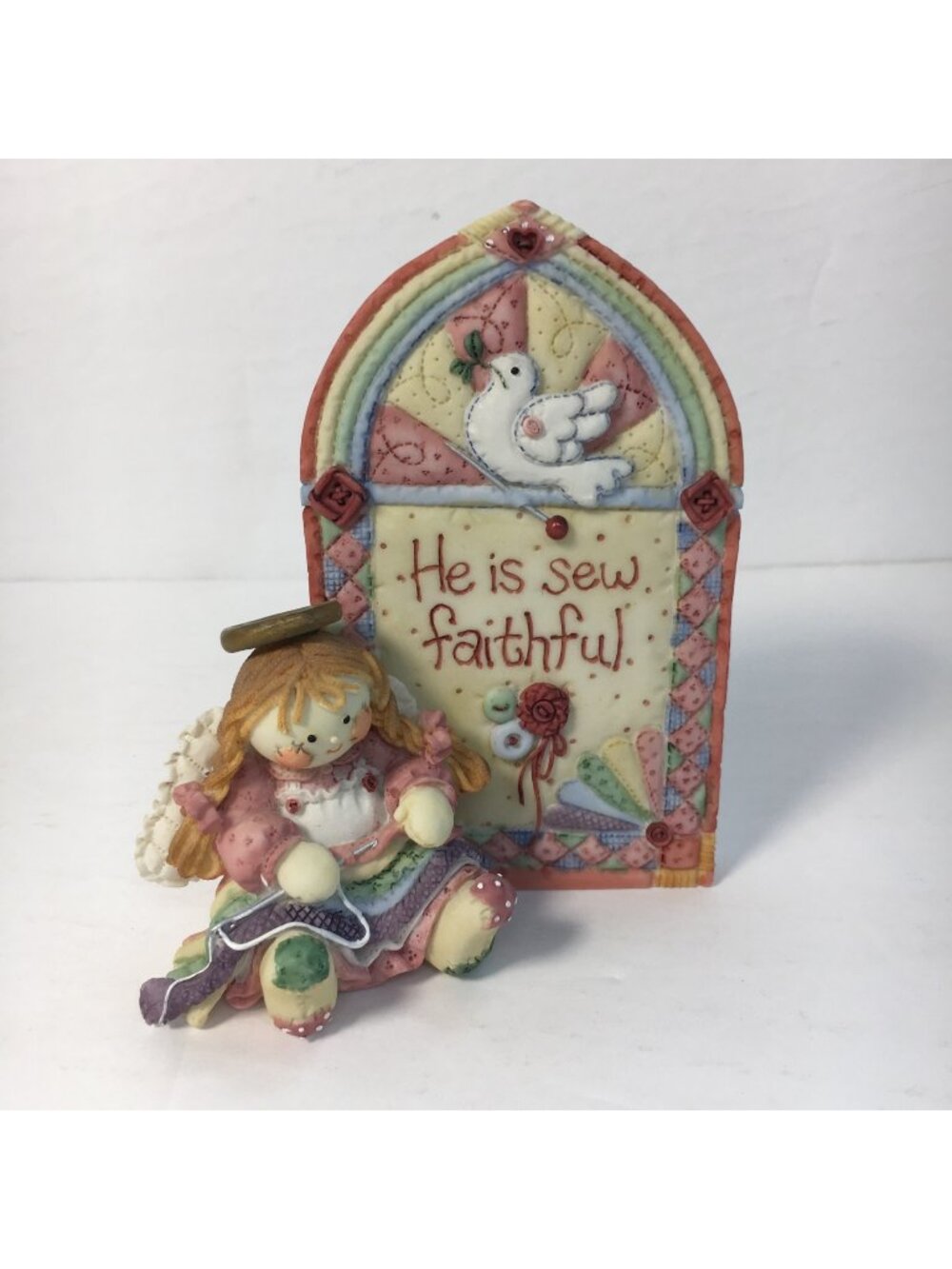 Vintage 1995 Enesco Cute Button Ceramic Figurine He Is Sew Faithful Mary Ryyner